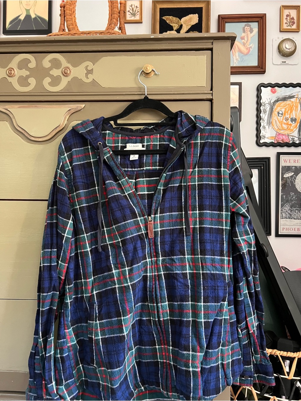 L.L. Bean Navy Blue and Green Plaid Hooded Zip Flannel